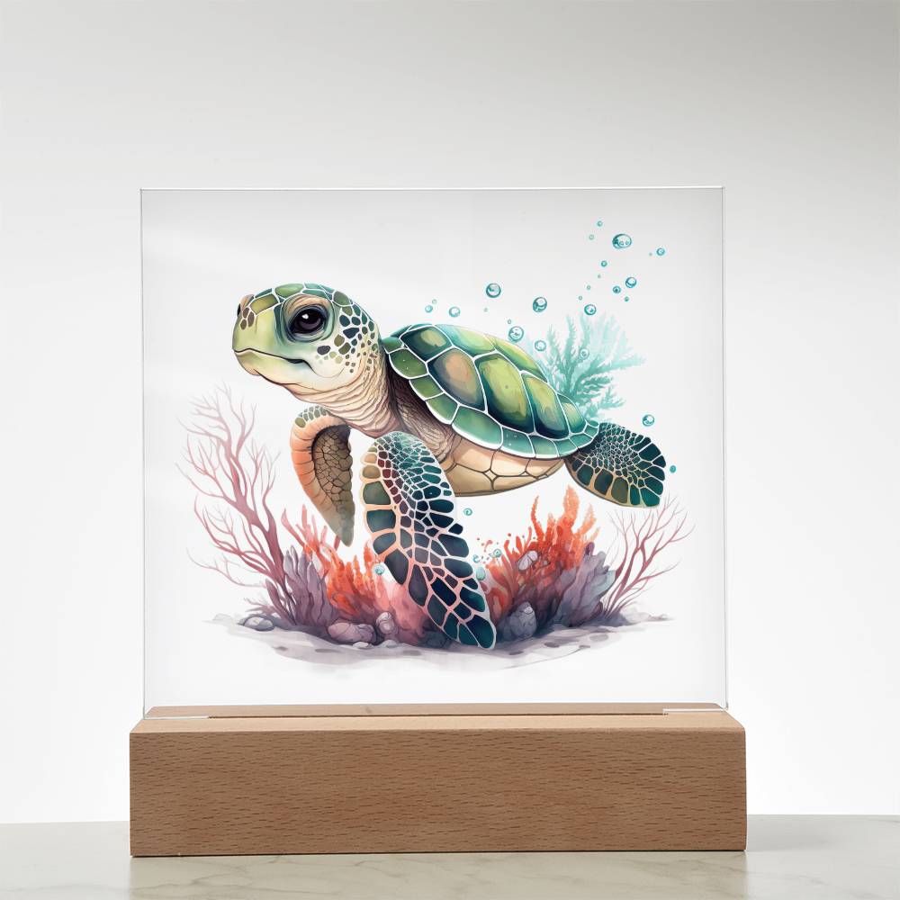 Cute Sea Turtle 013 - Square Acrylic Plaque With LED Base