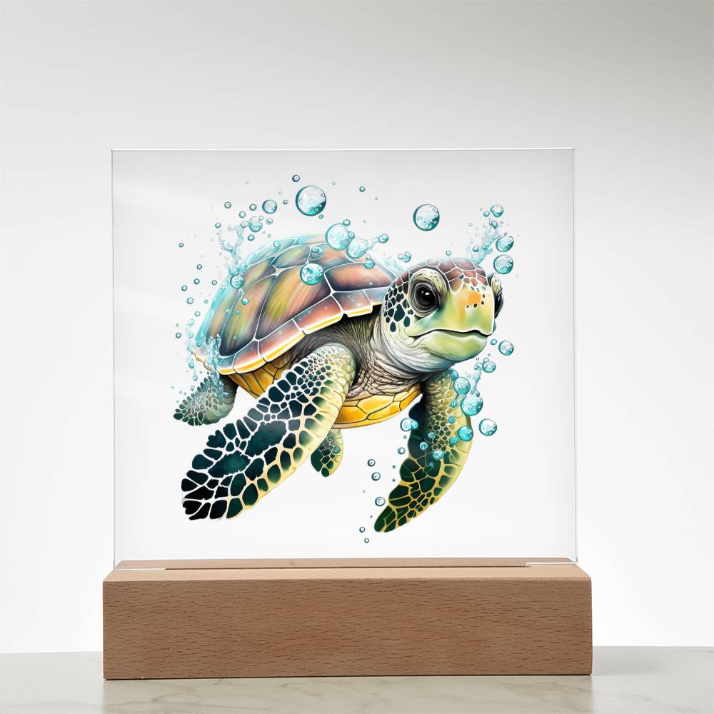 Cute Sea Turtle 004 - Square Acrylic Plaque With LED Base