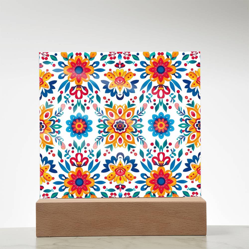 Mexican Floral Fiesta Pattern 070 - Square Acrylic Plaque With LED Base