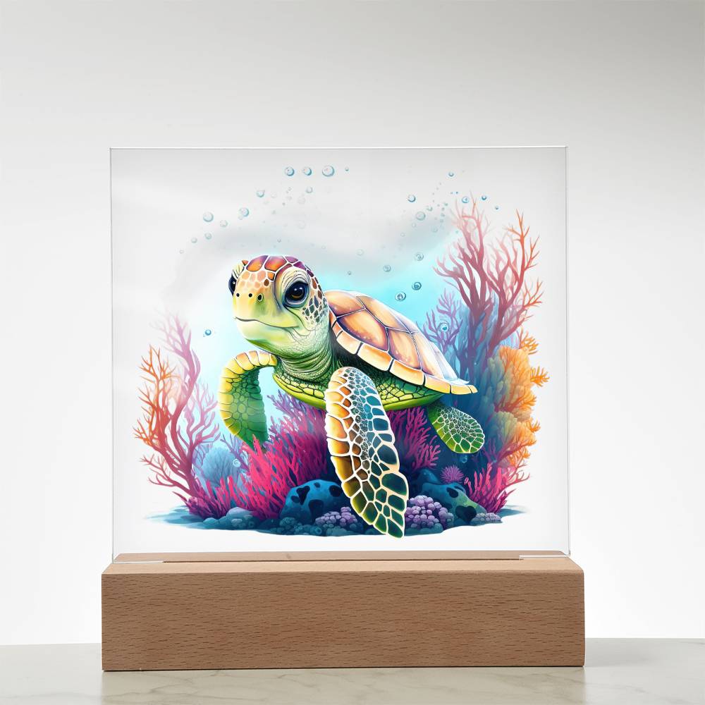 Cute Sea Turtle 006 - Square Acrylic Plaque With LED Base