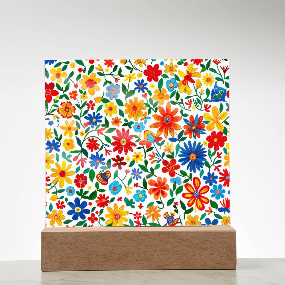 Mexican Floral Fiesta Pattern 009 - Square Acrylic Plaque With LED Base