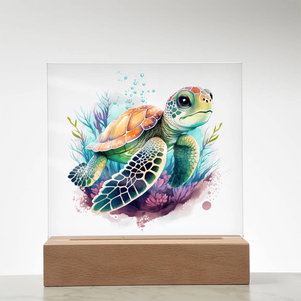 Cute Sea Turtle 007 - Square Acrylic Plaque With LED Base