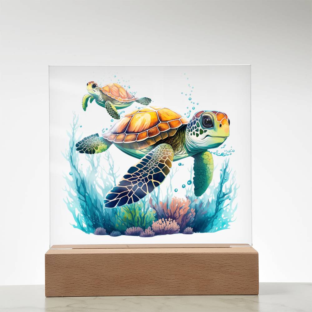 Cute Sea Turtle 009 - Square Acrylic Plaque With LED Base