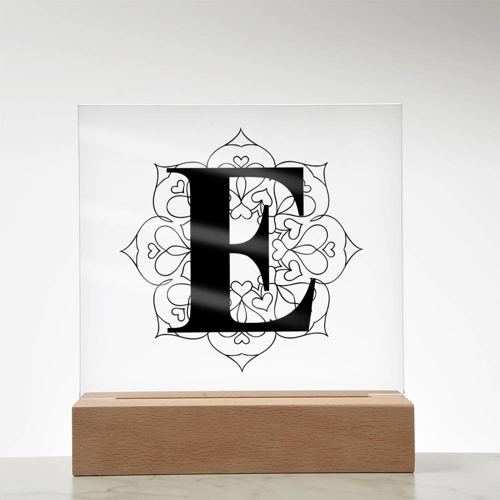 Magnolia Mandala Alphabet Letter E - Square Acrylic Plaque With LED Base