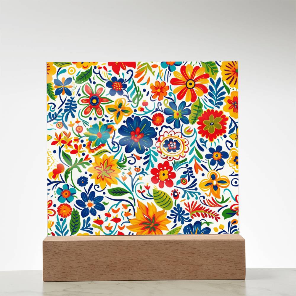 Mexican Floral Fiesta Pattern 072 - Square Acrylic Plaque With LED Base