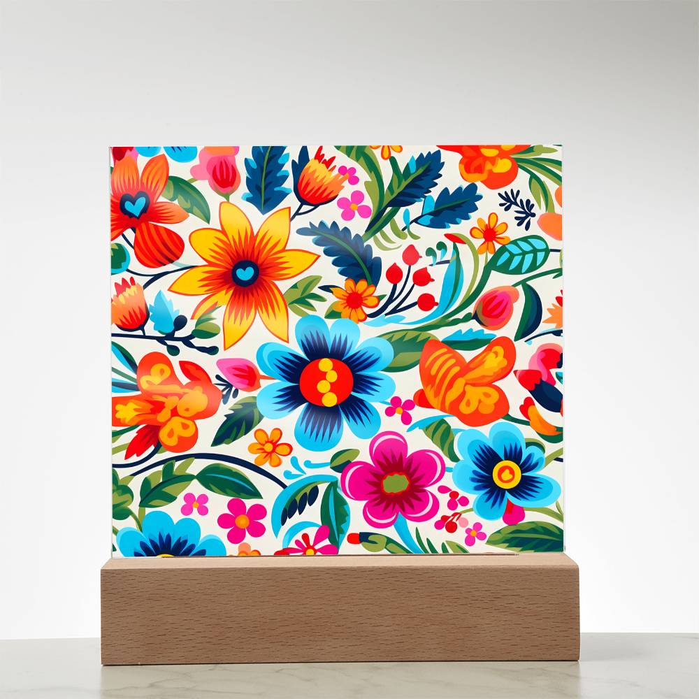 Mexican Floral Fiesta Pattern 050 - Square Acrylic Plaque With LED Base