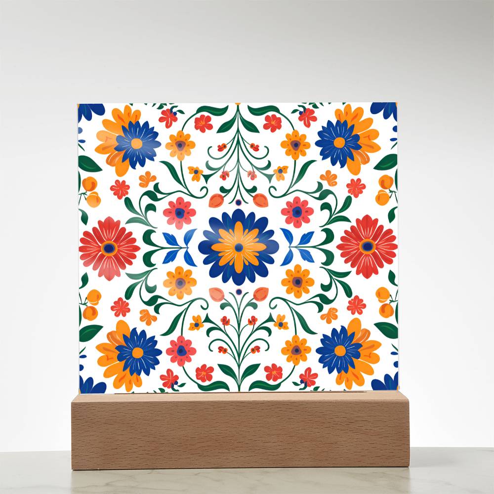 Mexican Floral Fiesta Pattern 016 - Square Acrylic Plaque With LED Base