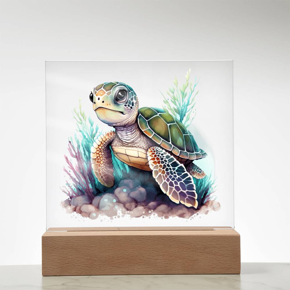 Cute Sea Turtle 015 - Square Acrylic Plaque With LED Base