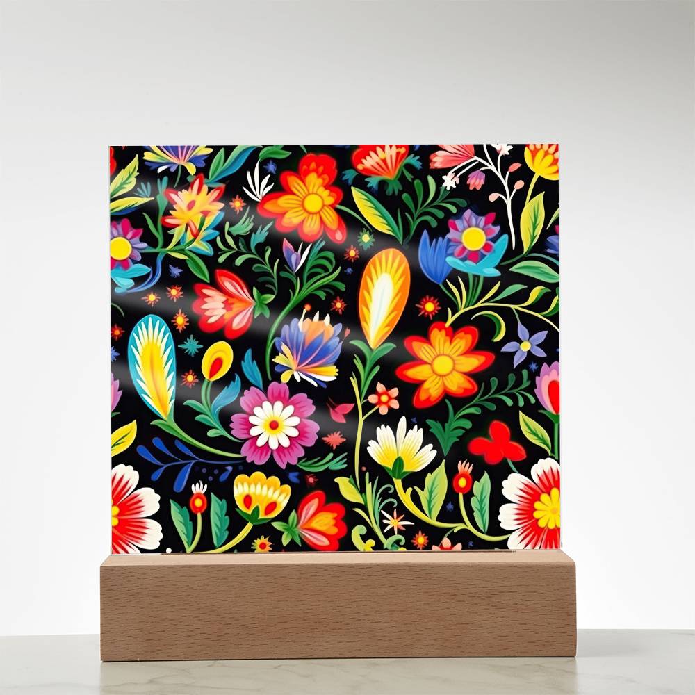 Mexican Floral Fiesta Pattern 038 - Square Acrylic Plaque With LED Base