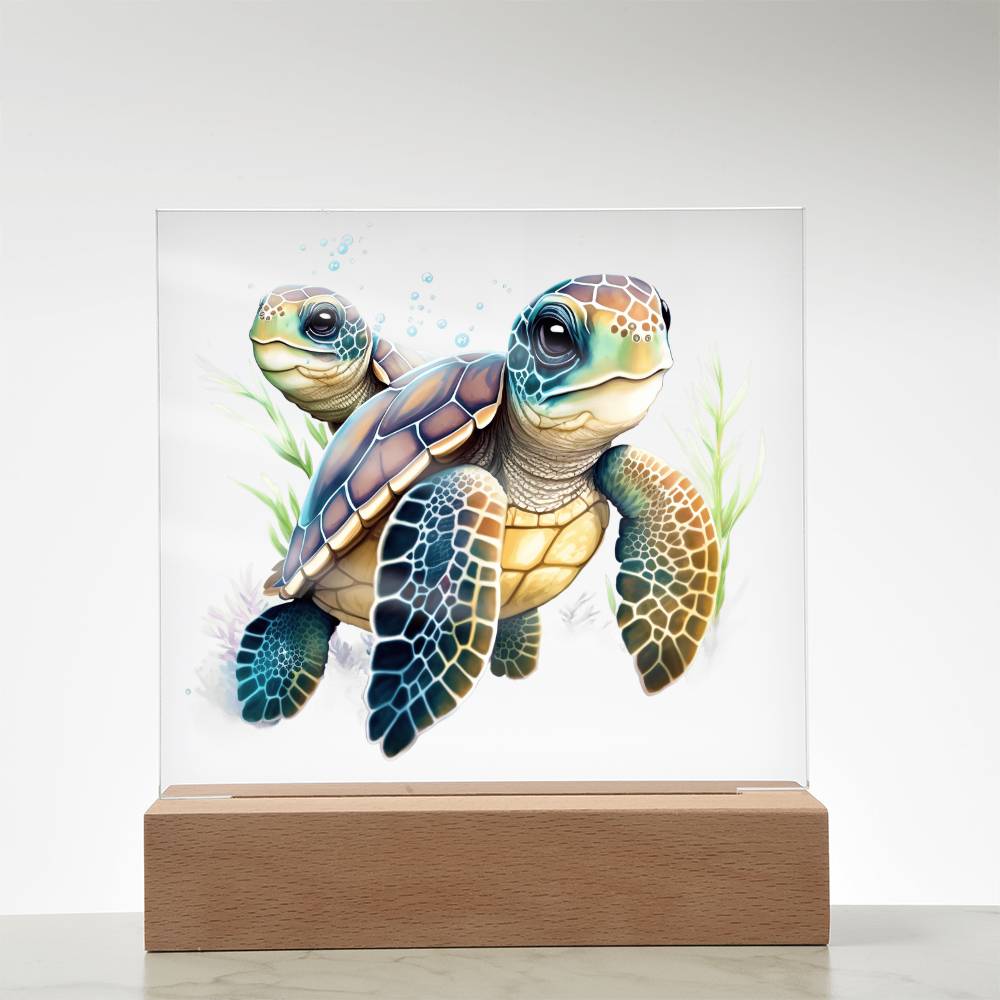 Cute Sea Turtle 010 - Square Acrylic Plaque With LED Base