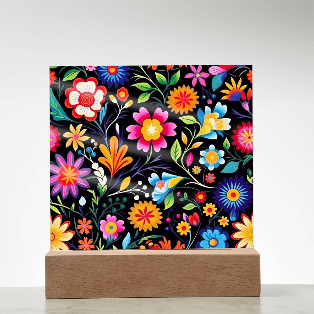 Mexican Floral Fiesta Pattern 028 - Square Acrylic Plaque With LED Base