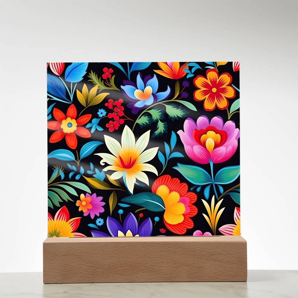 Mexican Floral Fiesta Pattern 036 - Square Acrylic Plaque With LED Base