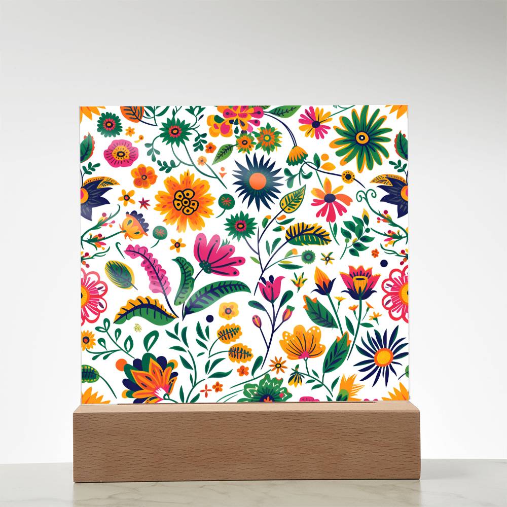 Mexican Floral Fiesta Pattern 015 - Square Acrylic Plaque With LED Base