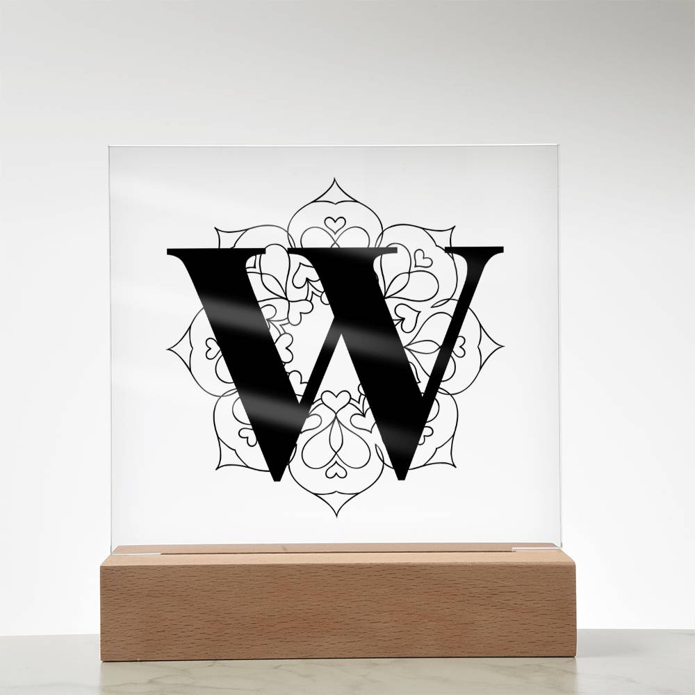 Magnolia Mandala Alphabet Letter W - Square Acrylic Plaque With LED Base