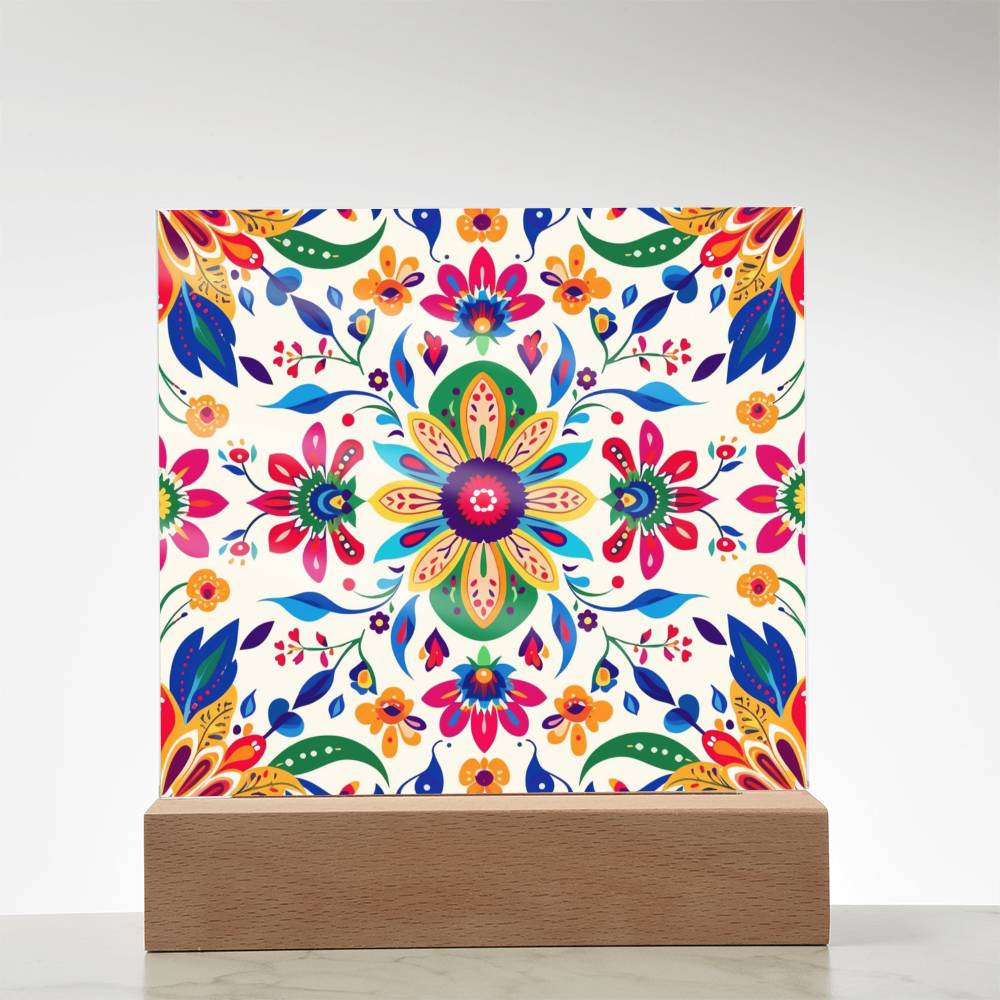 Mexican Floral Fiesta Pattern 069 - Square Acrylic Plaque With LED Base