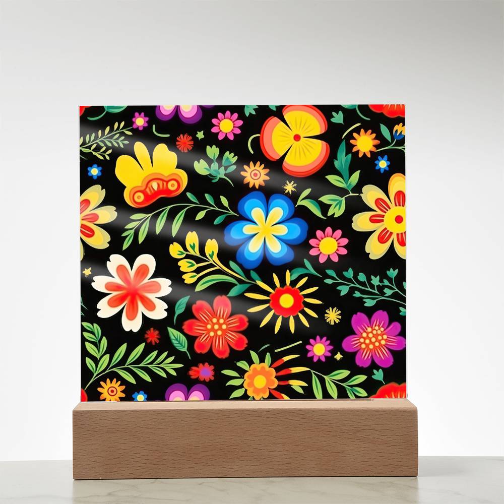 Mexican Floral Fiesta Pattern 032 - Square Acrylic Plaque With LED Base