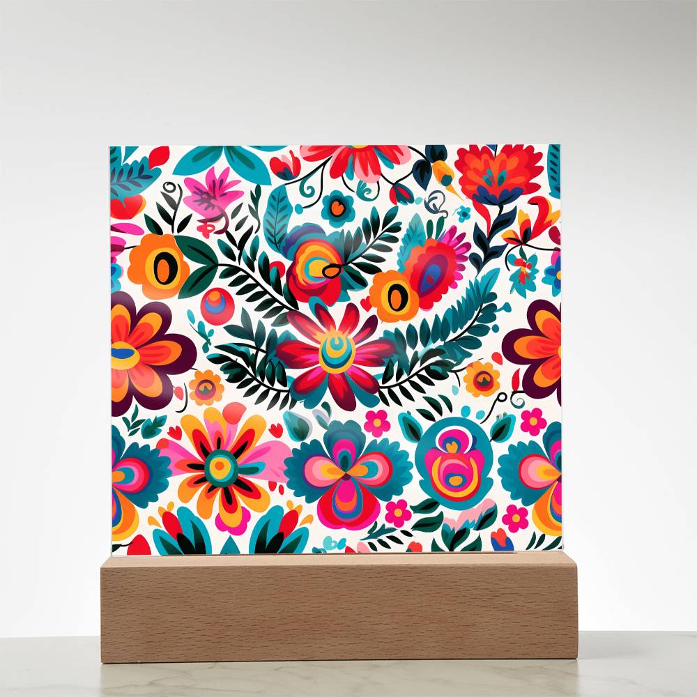 Mexican Floral Fiesta Pattern 051 - Square Acrylic Plaque With LED Base