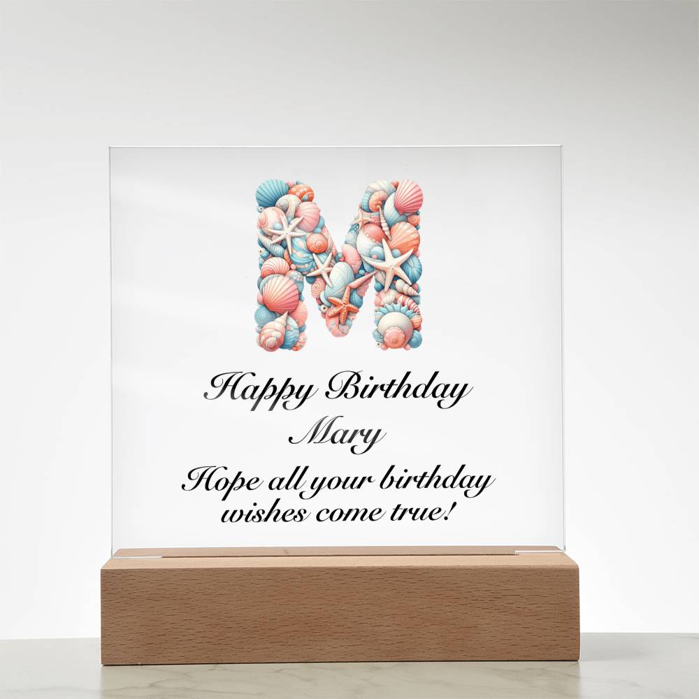 Happy Birthday Mary (Sea Life) - Square Acrylic Plaque With LED Base