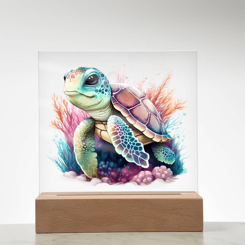 Cute Sea Turtle 012 - Square Acrylic Plaque With LED Base