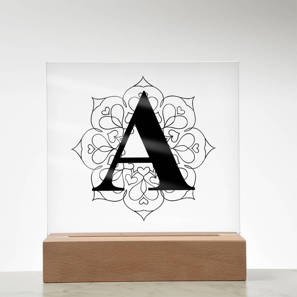 Magnolia Mandala Alphabet Letter A - Square Acrylic Plaque With LED Base