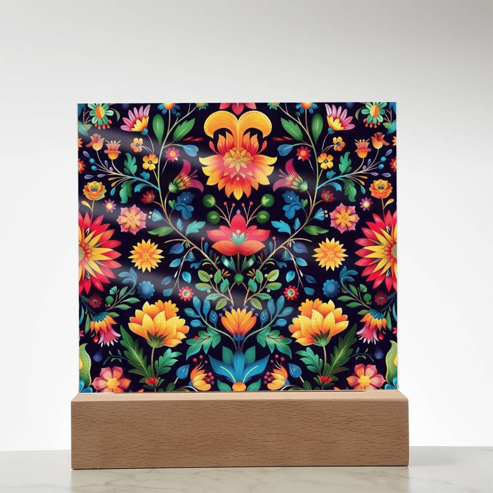 Mexican Floral Fiesta Pattern 063 - Square Acrylic Plaque With LED Base
