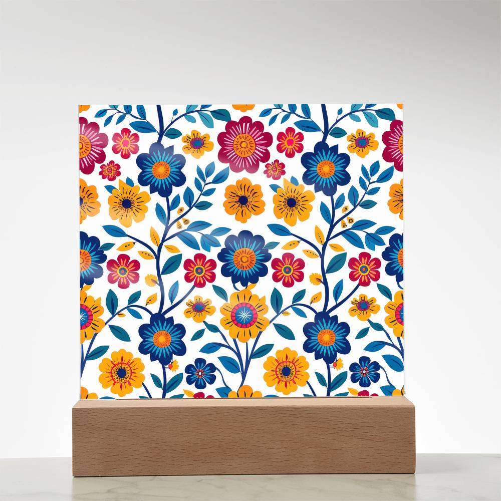 Mexican Floral Fiesta Pattern 002 - Square Acrylic Plaque With LED Base