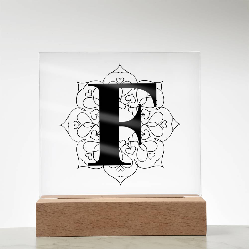 Magnolia Mandala Alphabet Letter F - Square Acrylic Plaque With LED Base