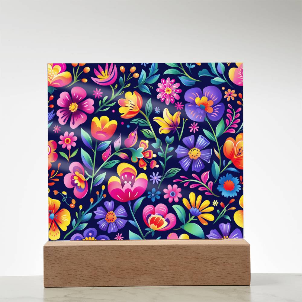 Mexican Floral Fiesta Pattern 065 - Square Acrylic Plaque With LED Base