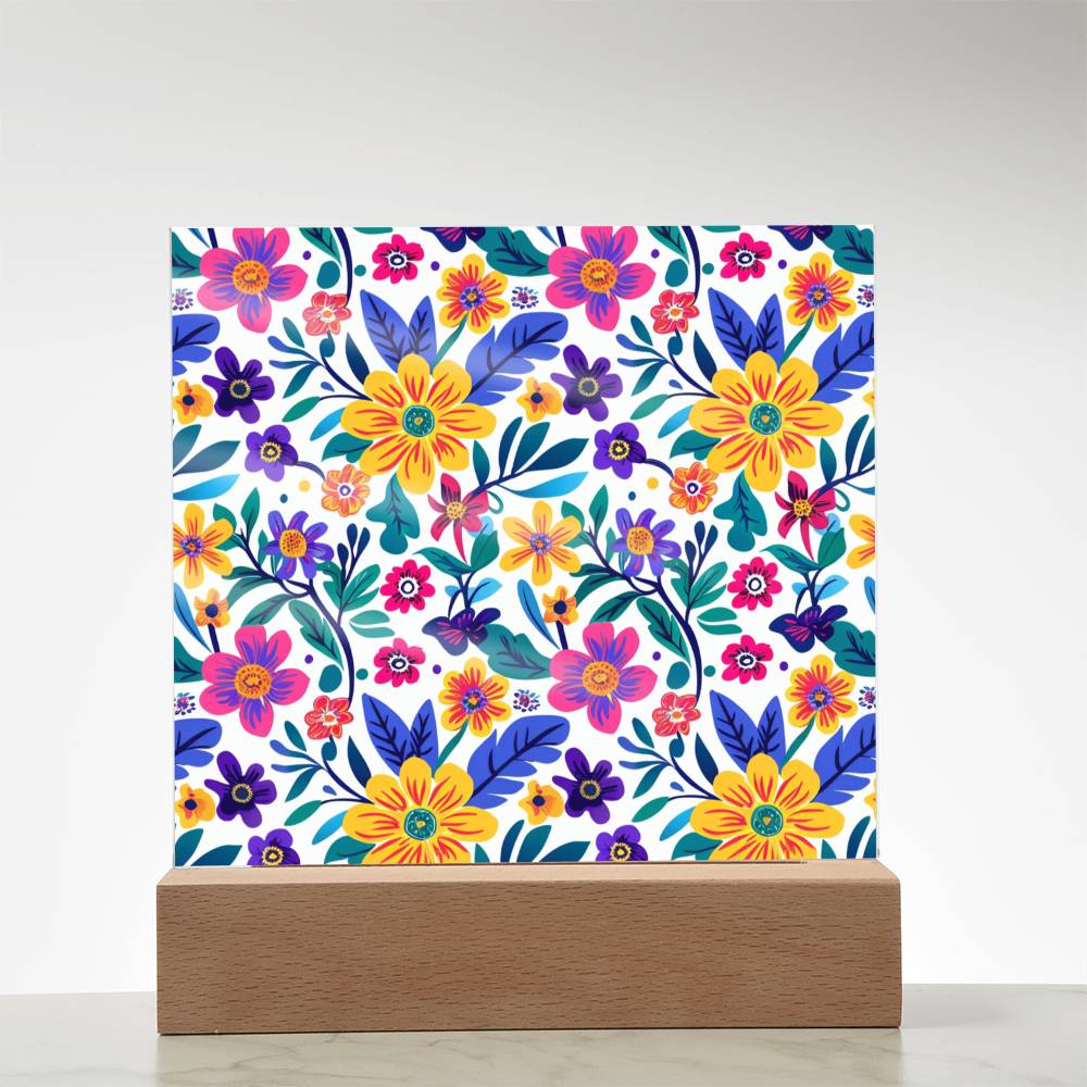 Mexican Floral Fiesta Pattern 064 - Square Acrylic Plaque With LED Base