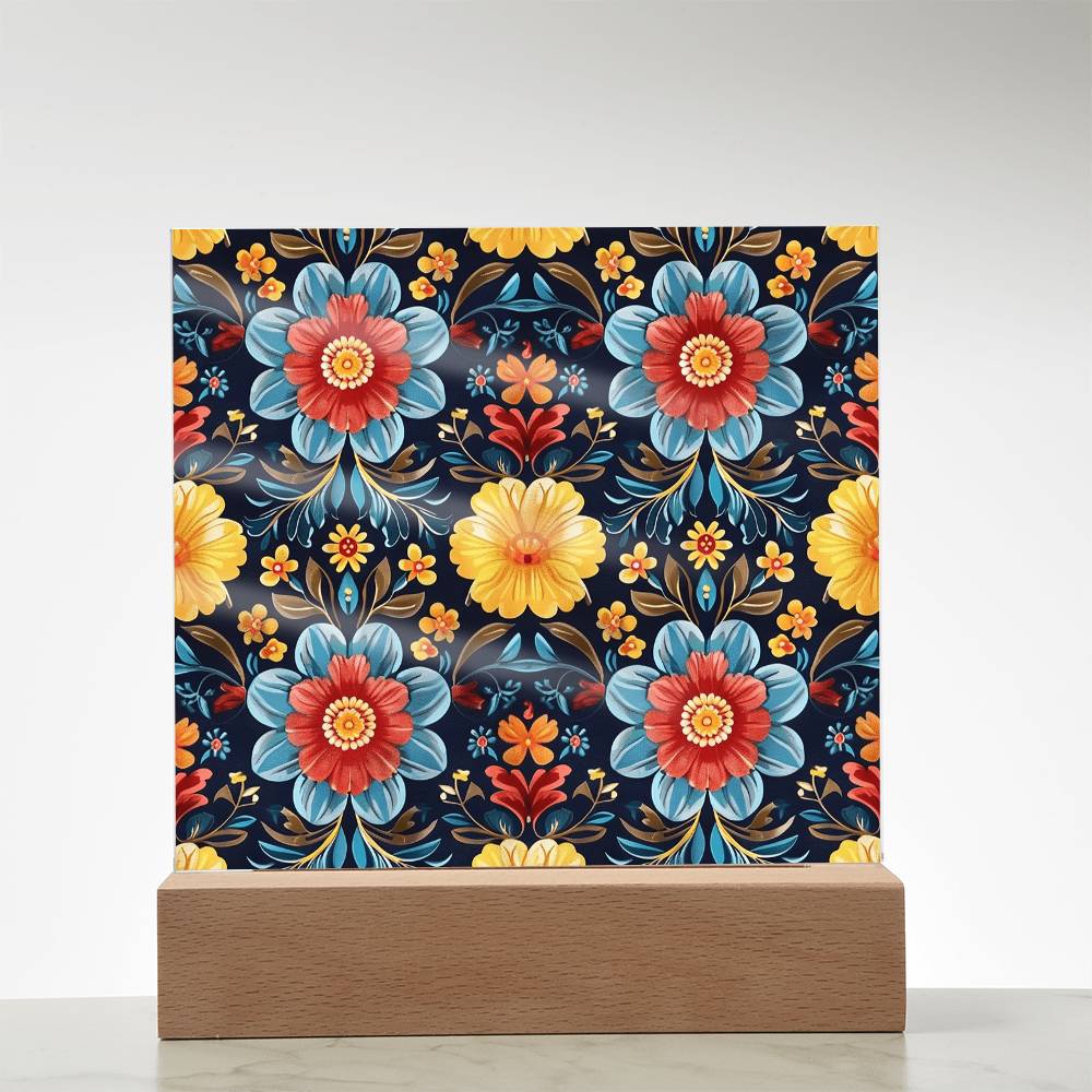 Mexican Floral Fiesta Pattern 046 - Square Acrylic Plaque With LED Base