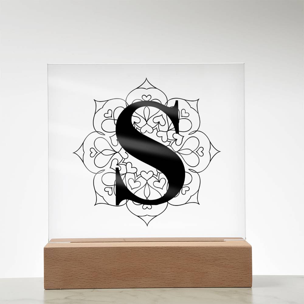 Magnolia Mandala Alphabet Letter S - Square Acrylic Plaque With LED Base