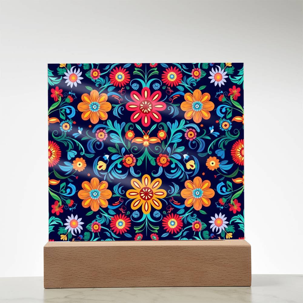 Mexican Floral Fiesta Pattern 071 - Square Acrylic Plaque With LED Base