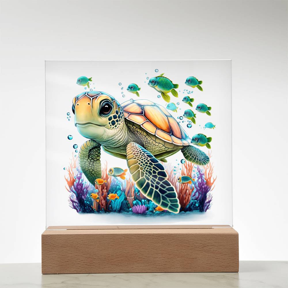 Cute Sea Turtle 003 - Square Acrylic Plaque With LED Base