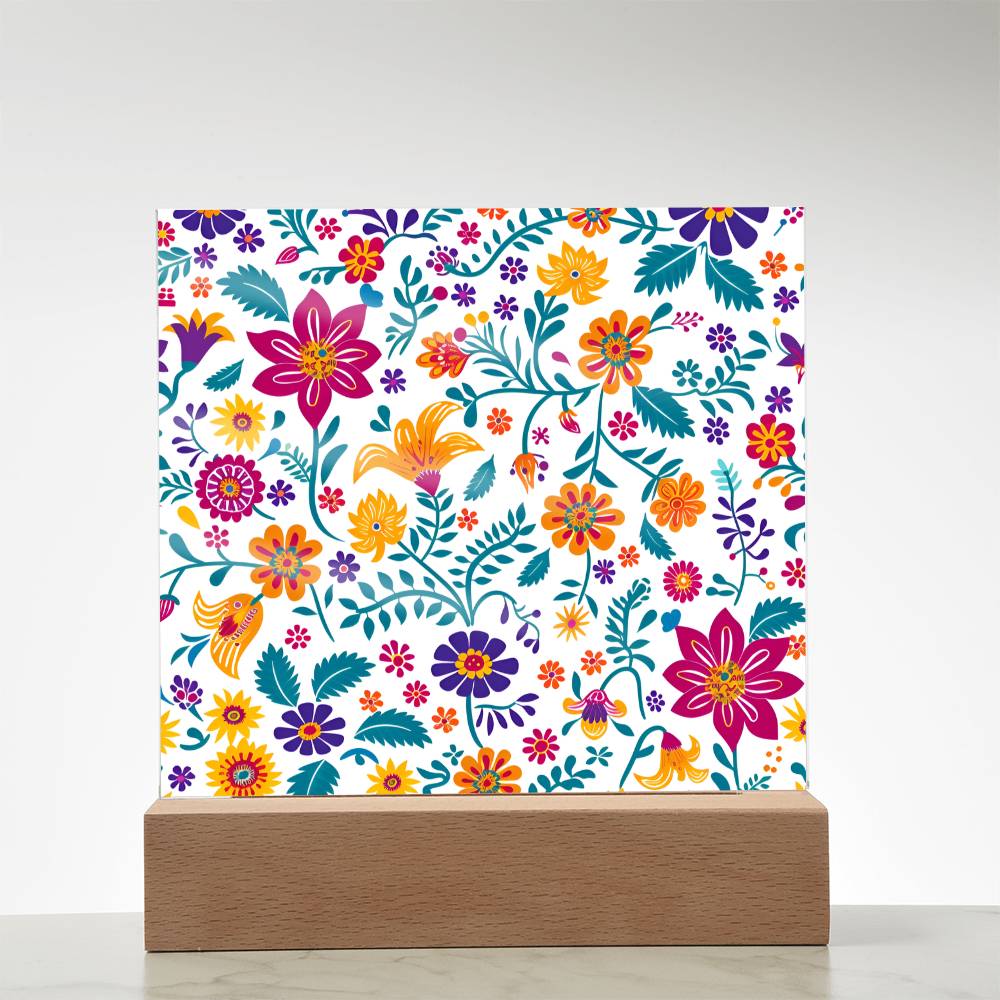 Mexican Floral Fiesta Pattern 013 - Square Acrylic Plaque With LED Base