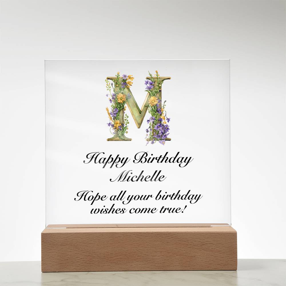 Happy Birthday Michelle (Lavender Flowers) - Square Acrylic Plaque With LED Base