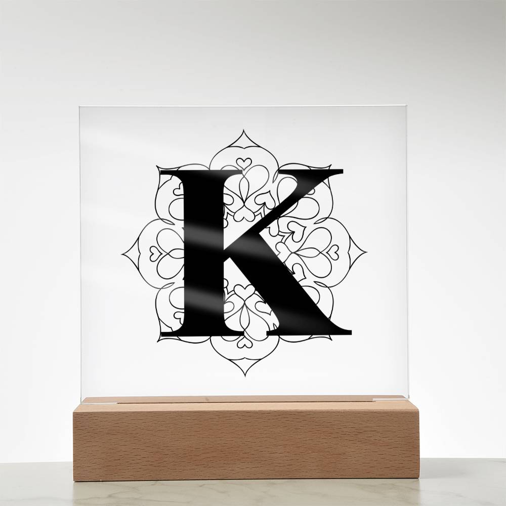 Magnolia Mandala Alphabet Letter K - Square Acrylic Plaque With LED Base