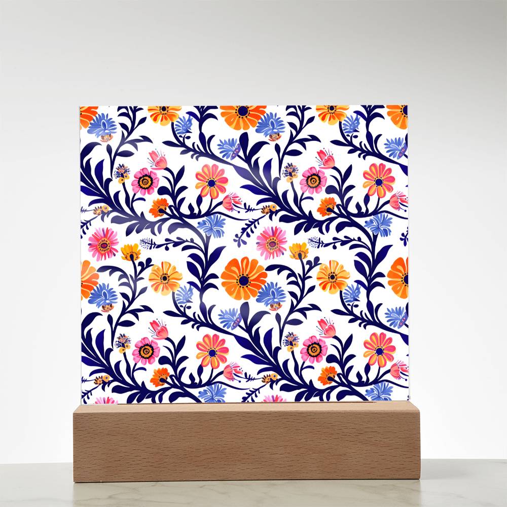 Mexican Floral Fiesta Pattern 022 - Square Acrylic Plaque With LED Base
