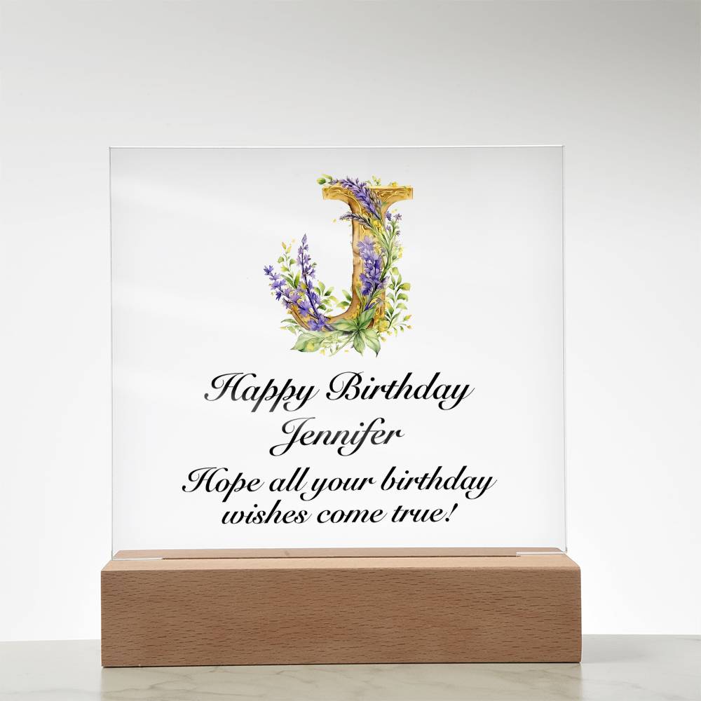 Happy Birthday Jennifer (Lavender Flowers) - Square Acrylic Plaque With LED Base