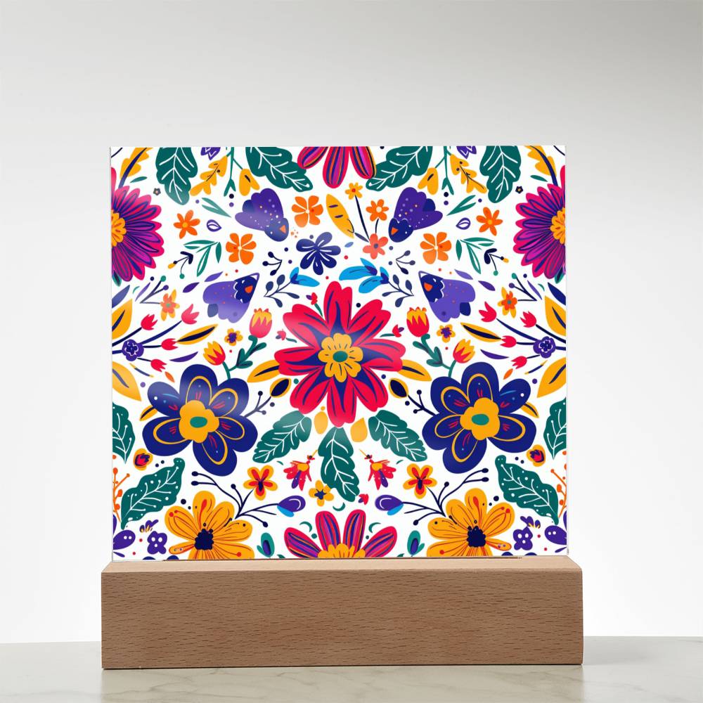 Mexican Floral Fiesta Pattern 067 - Square Acrylic Plaque With LED Base