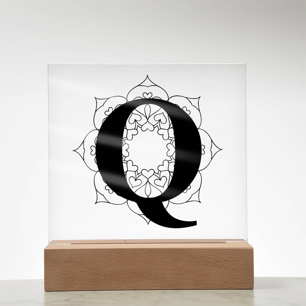 Magnolia Mandala Alphabet Letter Q - Square Acrylic Plaque With LED Base