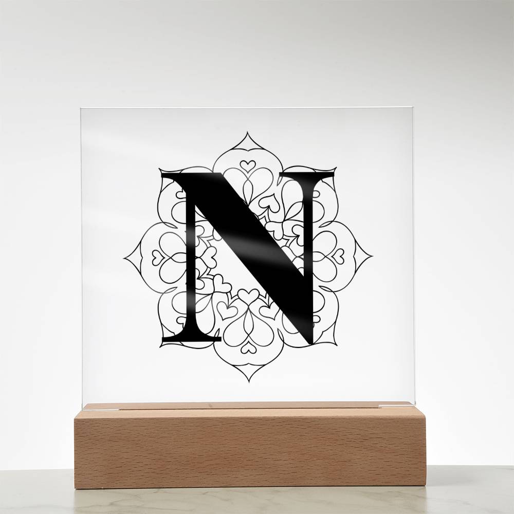 Magnolia Mandala Alphabet Letter N - Square Acrylic Plaque With LED Base