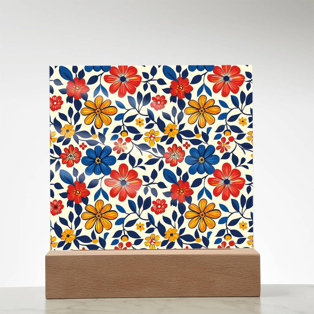 Mexican Floral Fiesta Pattern 042 - Square Acrylic Plaque With LED Base