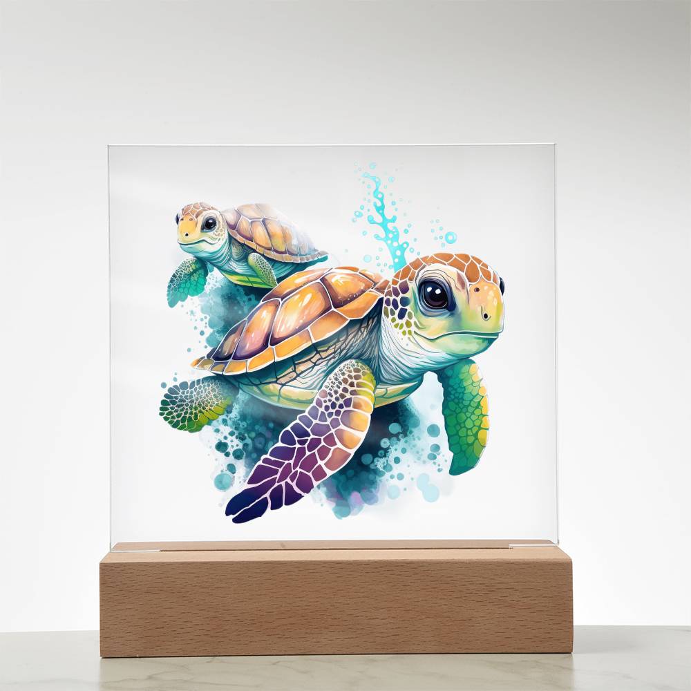 Cute Sea Turtle 011 - Square Acrylic Plaque With LED Base