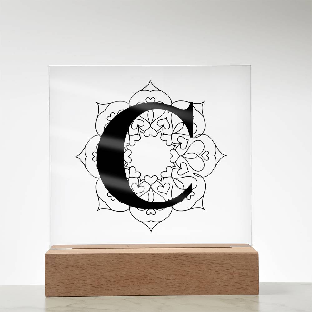 Magnolia Mandala Alphabet Letter C - Square Acrylic Plaque With LED Base