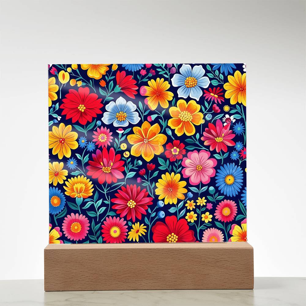 Mexican Floral Fiesta Pattern 048 - Square Acrylic Plaque With LED Base