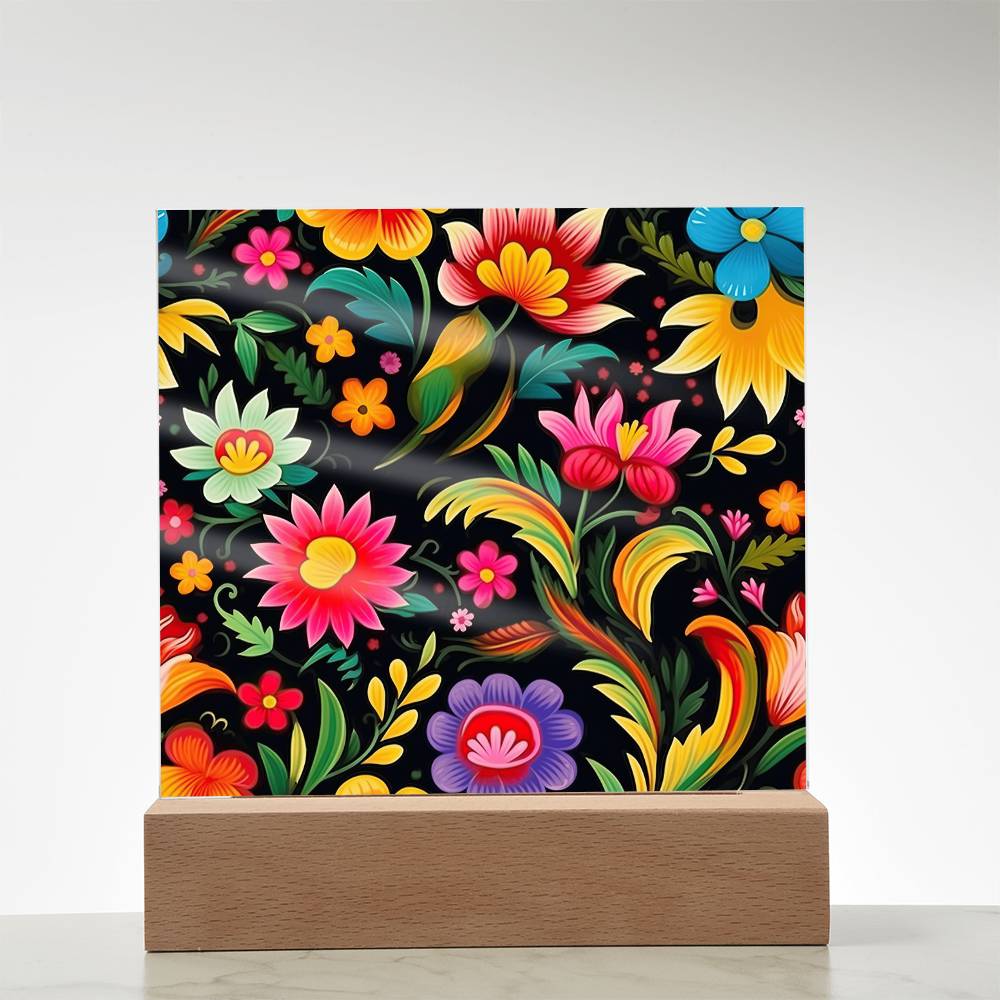 Mexican Floral Fiesta Pattern 033 - Square Acrylic Plaque With LED Base