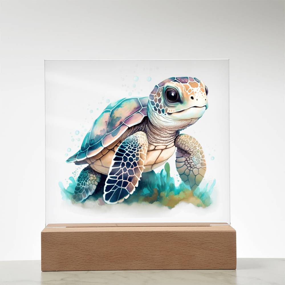 Cute Sea Turtle 014 - Square Acrylic Plaque With LED Base