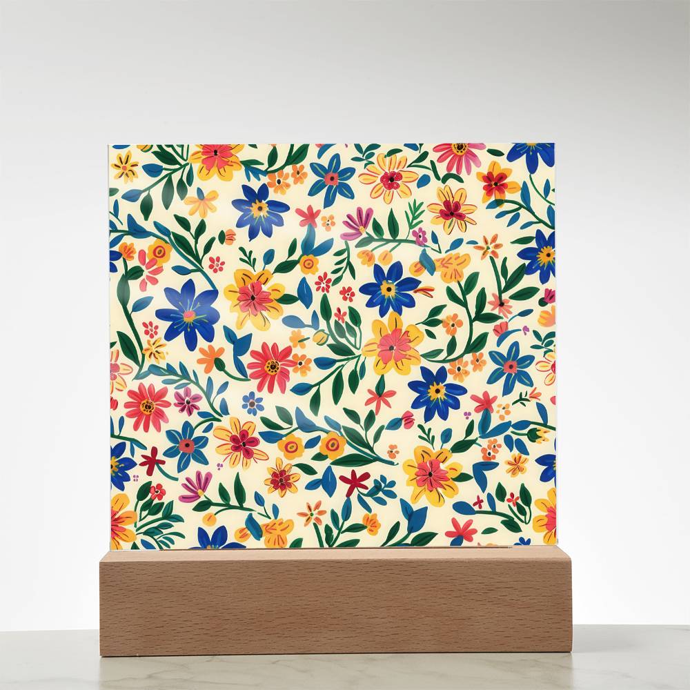 Mexican Floral Fiesta Pattern 006 - Square Acrylic Plaque With LED Base