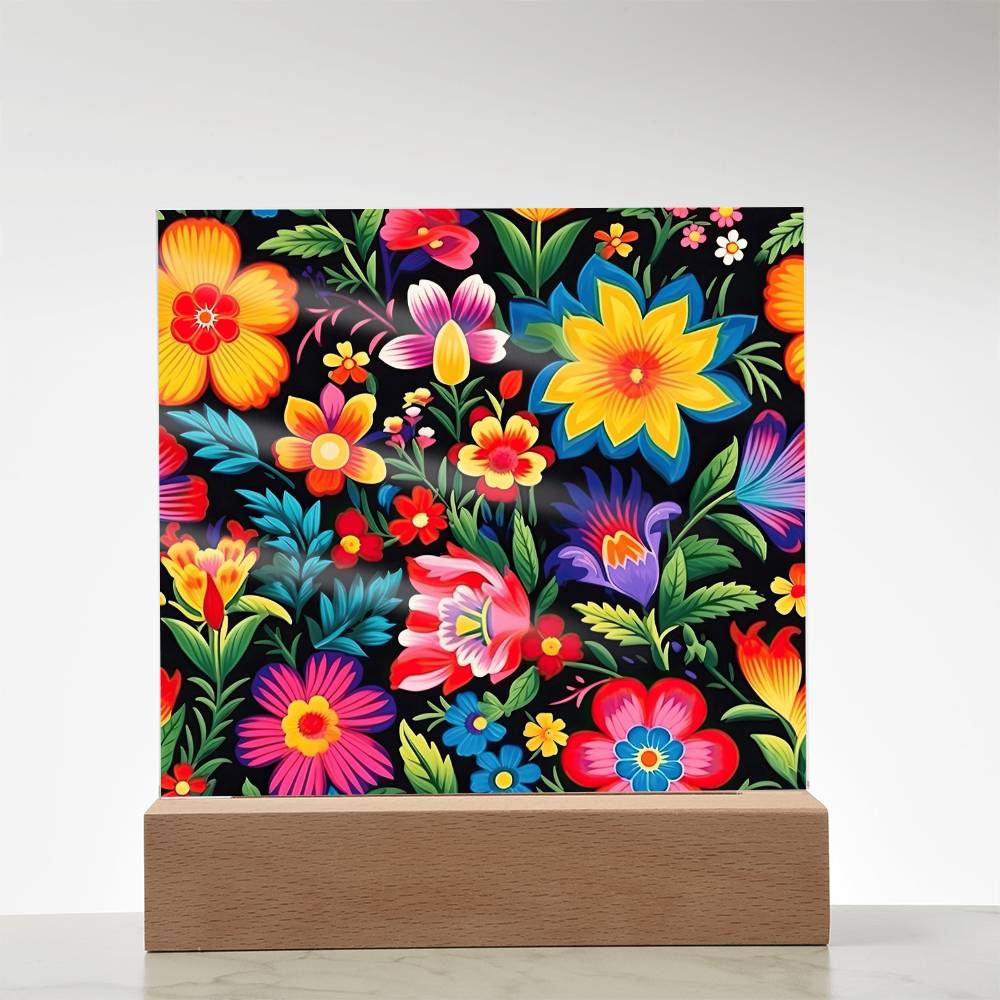 Mexican Floral Fiesta Pattern 030 - Square Acrylic Plaque With LED Base
