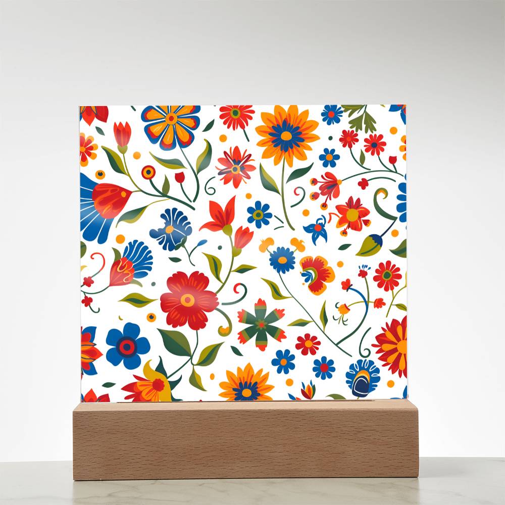 Mexican Floral Fiesta Pattern 014 - Square Acrylic Plaque With LED Base